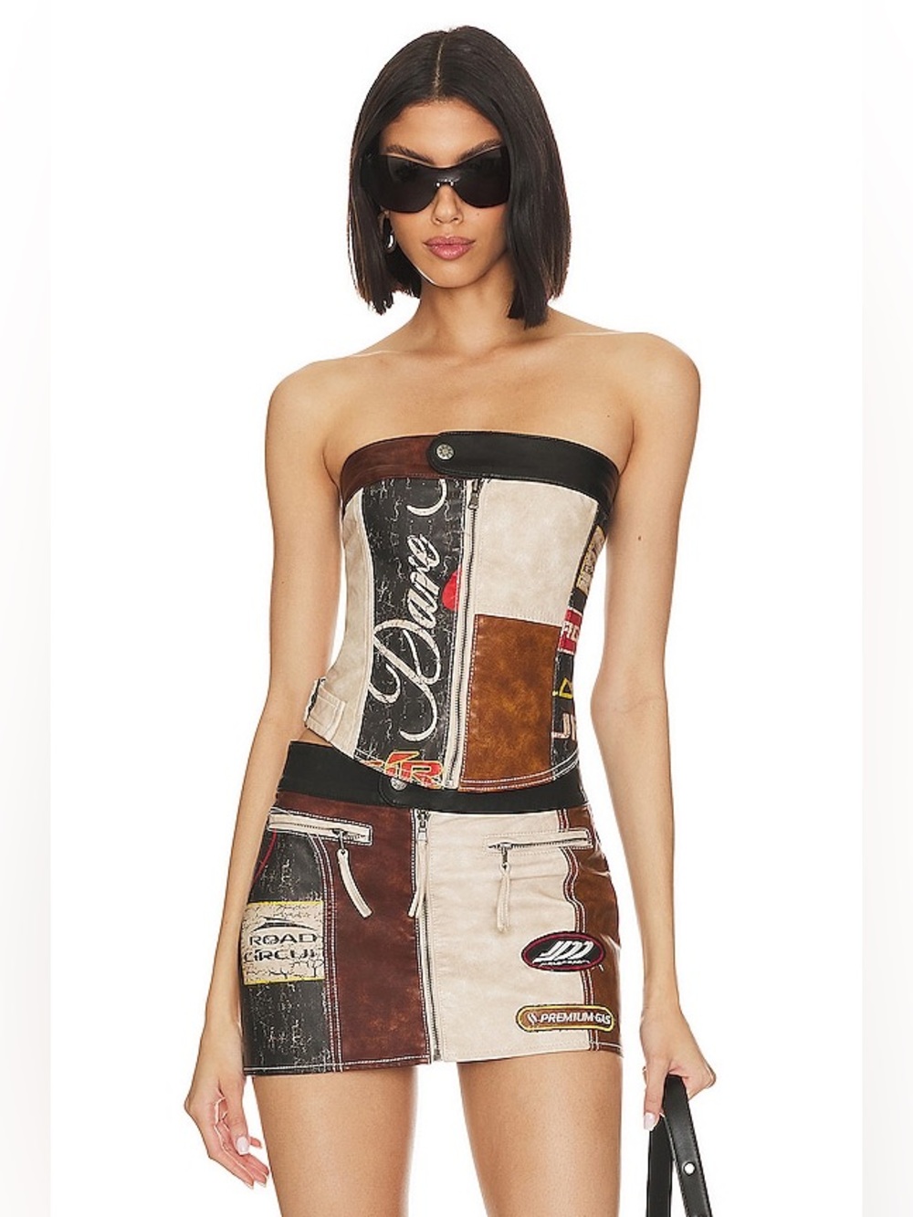 Jaded London Daytona Faux Leather Corset Top Mixed Print Patchwork MSRP $145